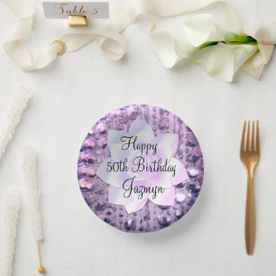 Purple and Pink Elegant Beaded Birthday Paper Plate