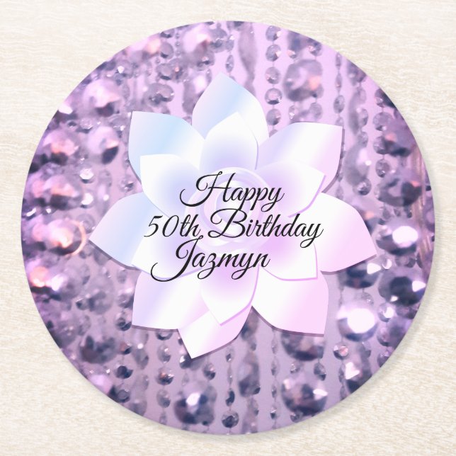 Purple and Pink Elegant Beaded Birthday Round Paper Coaster (Front)