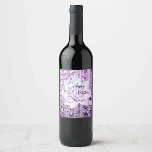 Purple and Pink Elegant  Beaded Birthday Wine Labe Wine Label (Front)