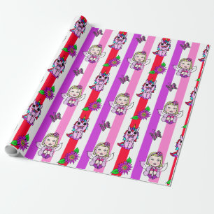 Purple and Pink Fairies, Flowers and Butterflies Wrapping Paper