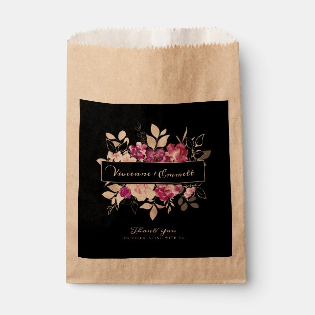 Purple and Pink Floral on Black Wedding Favour Bag (Front)