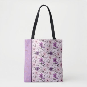 purple and pink floral pattern tote bag