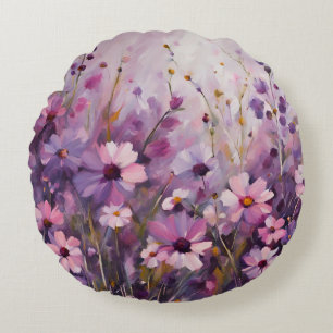 Purple And Pink Flower Art Round Pillow