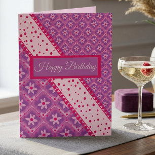 Purple And Pink Flowered Diamond Photo Birthday Card