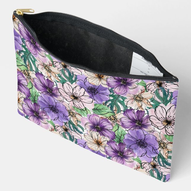 Purple and Pink Flowers  Accessory Pouch (Open)