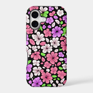 Purple and Pink Flowers and Petals Pattern Black