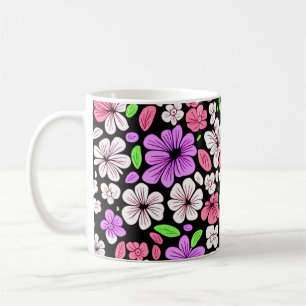 Purple and Pink Flowers and Petals Pattern Black Coffee Mug