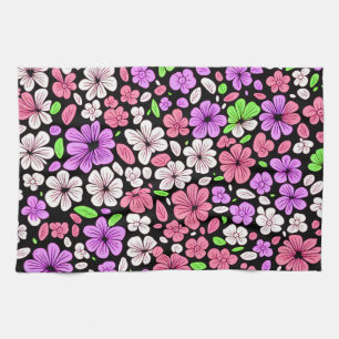 Purple and Pink Flowers and Petals Pattern Black Kitchen Towel