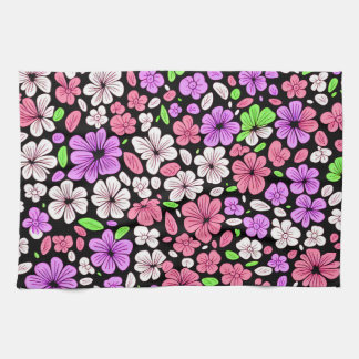 Purple and Pink Flowers and Petals Pattern Black Kitchen Towel