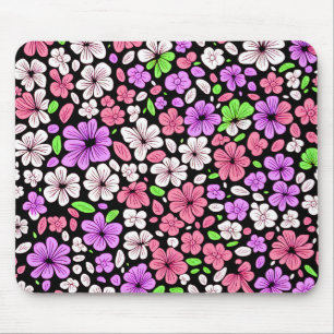 Purple and Pink Flowers and Petals Pattern Black Mouse Pad