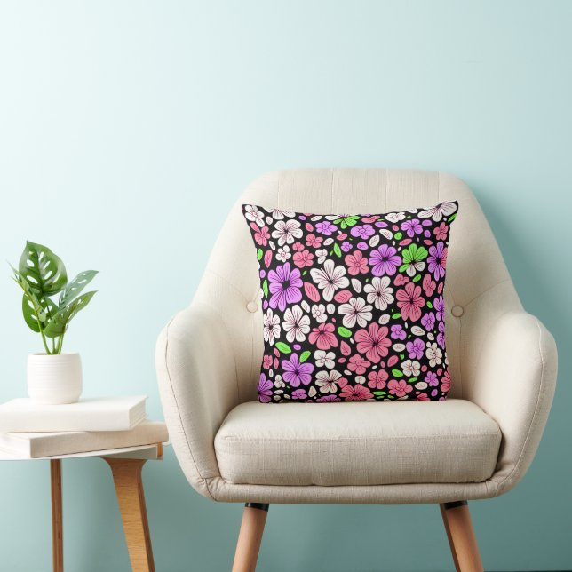 Purple and Pink Flowers and Petals Pattern Black Throw Pillow (Chair)