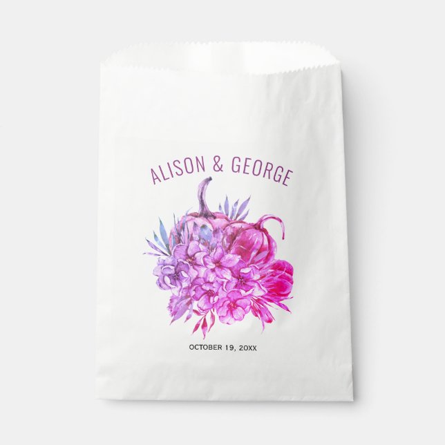 Purple and pink flowers and pumpkins fall wedding favour bag (Front)