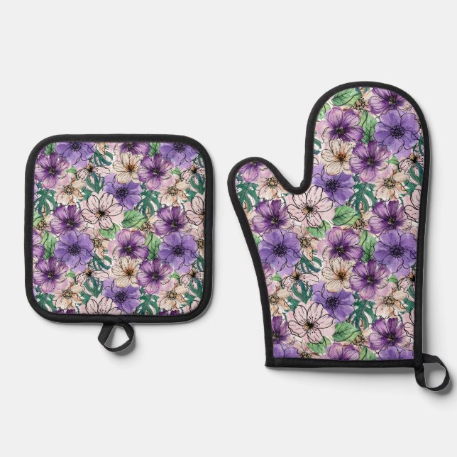 Purple and Pink Flowers   Oven Mitt & Pot Holder Set (Front)