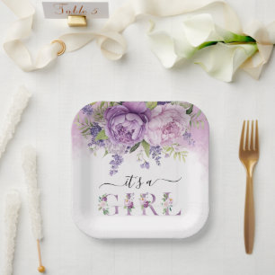Purple And Pink Garden Flowers Girl Baby Shower Paper Plate