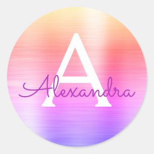 Purple and Pink Girly Metallic Monogram Classic Round Sticker