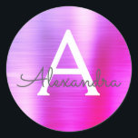 Purple and Pink Girly Metallic Monogram Classic Round Sticker<br><div class="desc">Modern Purple and Pink Ombre Faux Girly Metallic Stainless Steel Foil Elegant Sticker. This sticker can be customized to include your initial and first name for a gift package.</div>
