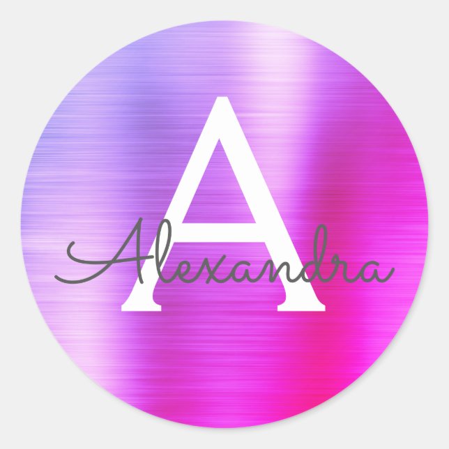 Purple and Pink Girly Metallic Monogram Classic Round Sticker (Front)