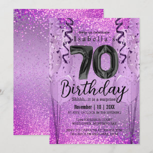 Purple and Pink Glitter 70th Birthday  Invitation