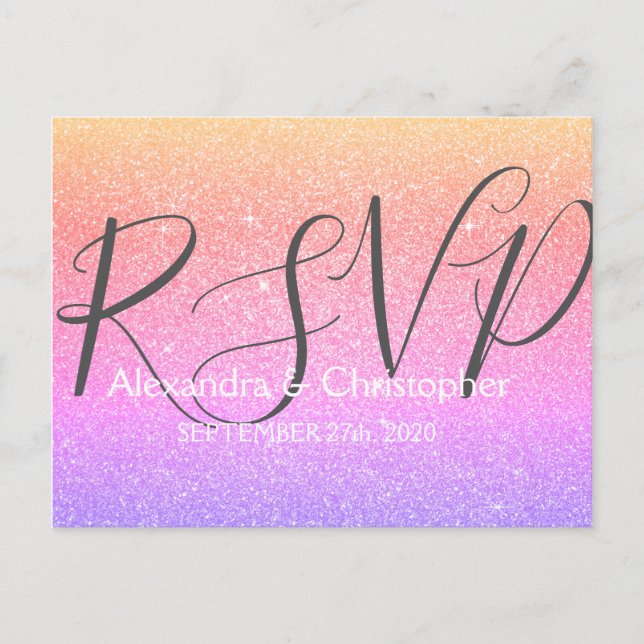 Purple and Pink Glitter and Sparkle RSVP Invitation Postcard (Front)
