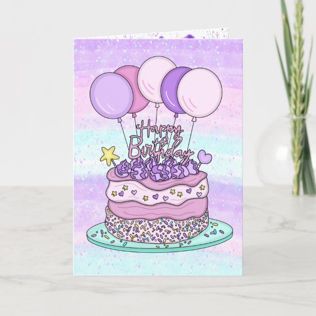 Purple and Pink Happy Birthday for Her Card (Front)