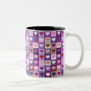 Purple and Pink Heart Squares Two-Tone Coffee Mug