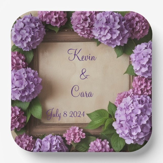 Purple and Pink Hydrangeas Paper Plate (Front)