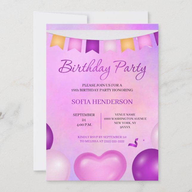 purple and pink pastel birthday party invitation (Front)