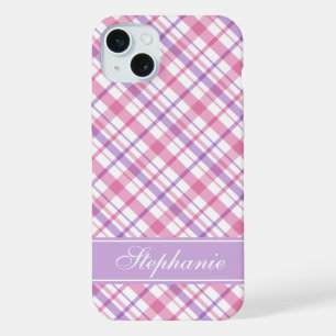 Purple and Pink Plaid Pattern iPhone 15 Plus Case