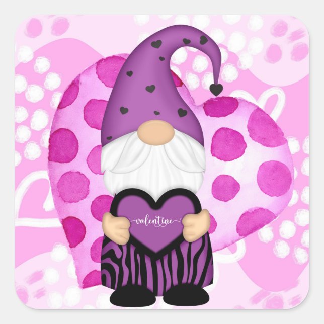 Purple and Pink Polka Dots Valentine Gnome Square Sticker (Front)