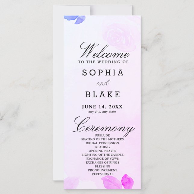 Purple and Pink Roses and Greenery Wedding Program (Front)