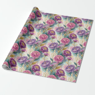 Purple and Pink Small Abstract Flowers Faux Gold Wrapping Paper