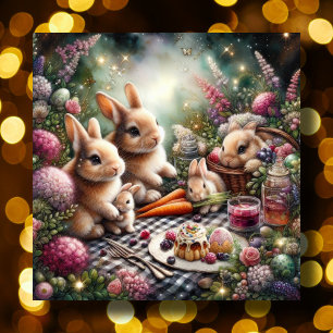 Purple and Pink Spring Floral Bunny Easter Picnic Holiday Card