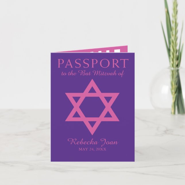 Purple and Pink Star of David Bat Mitzvah Passport Invitation (Front)