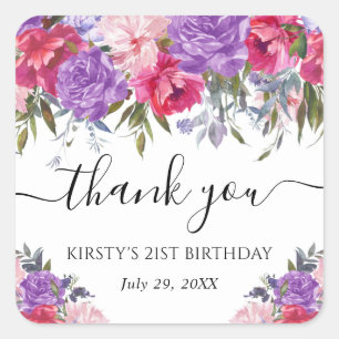 Purple and Pink Summer Flowers Birthday Square Sticker