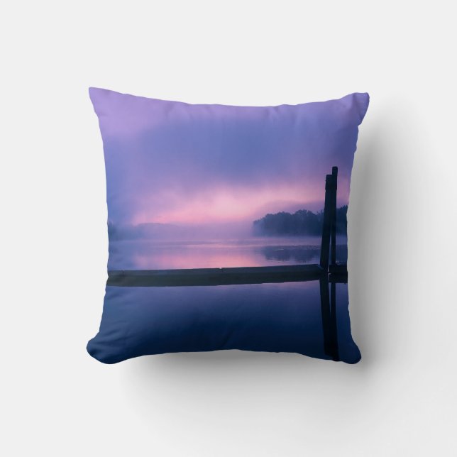 Purple and Pink Sunrise Water Landscape Reflection Throw Pillow (Front)