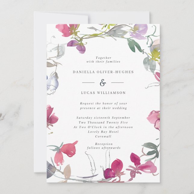 Purple and Pink Sweet Pea Wedding Invitation (Front)