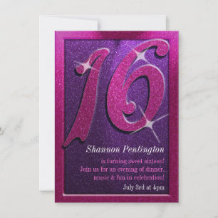 Purple and Pink Sweet Sixteen Birthday Invitations