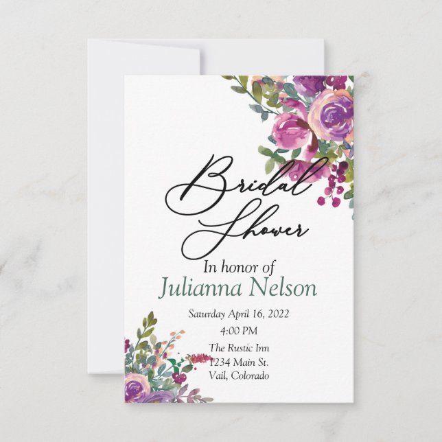 Purple and pink watercolor Aubergine  Invitation (Front)