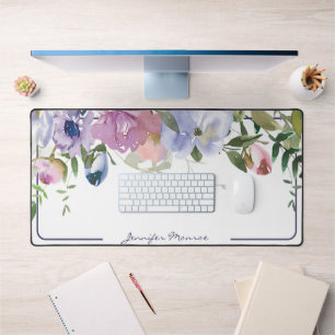 Purple and pink watercolor floral personalized desk mat
