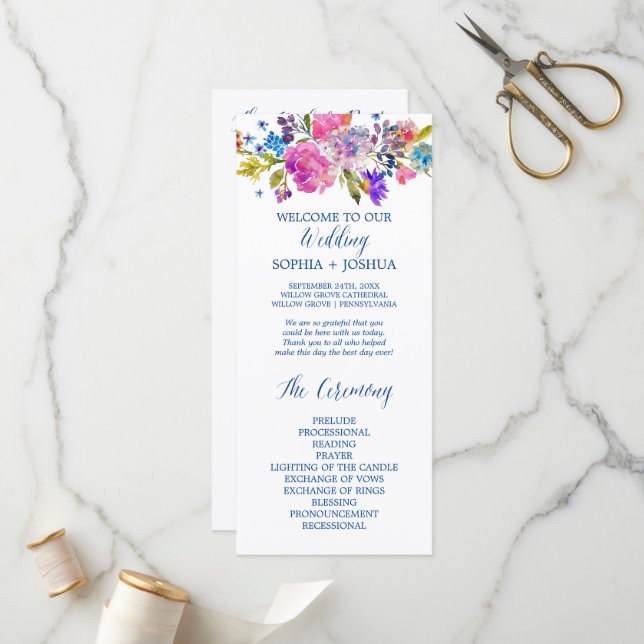 Purple and Pink Watercolor Flowers Wedding Program (Front/Back In Situ)