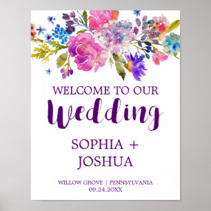 Purple and Pink Watercolor Flowers Wedding Welcome Poster