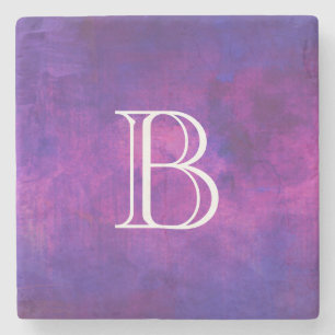 Purple and Pink Watercolor Monogram Stone Coaster