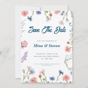 Purple and pink wildflowers frame Wedding Save The Date
