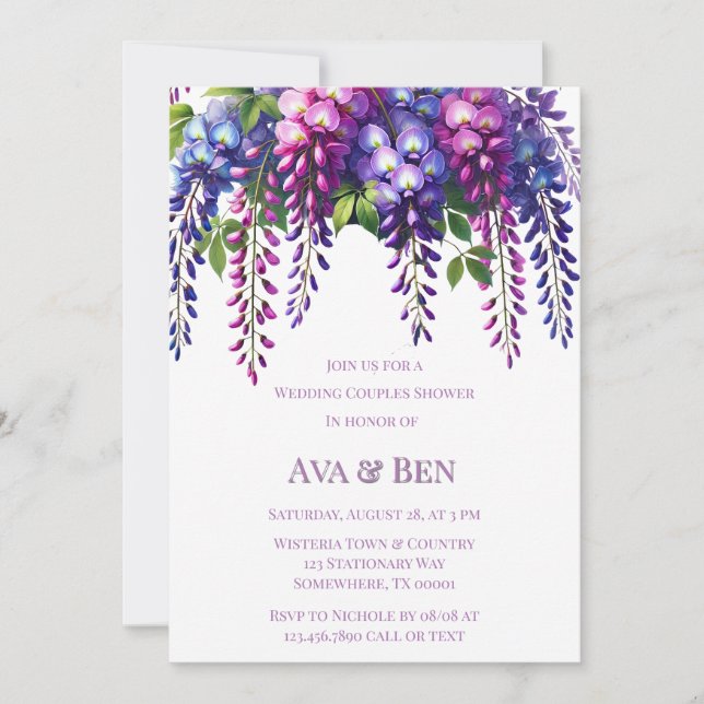Purple and Pink Wisteria Wedding Couples Shower Invitation (Front)
