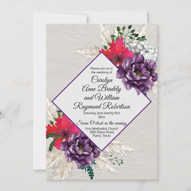Purple and Red Flowers with Pampas Grass Wedding Invitation (Front)