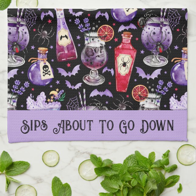 Purple and Red Halloween Cocktails and Potions Kitchen Towel (Folded)