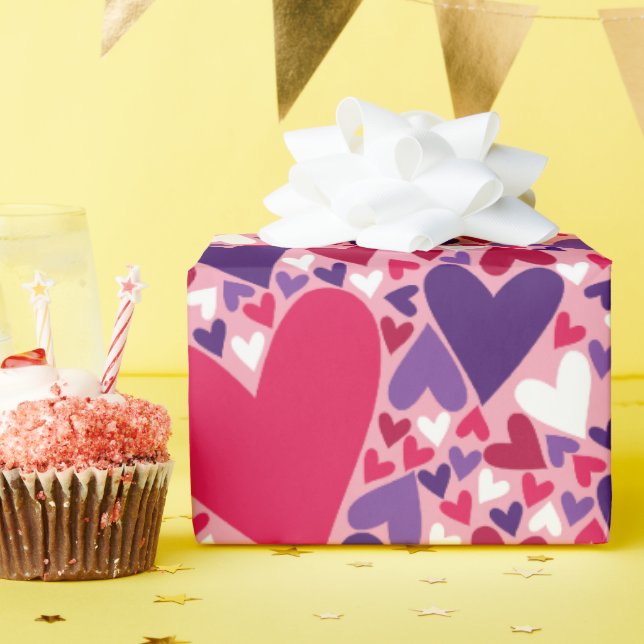 Purple and Red Hearts Pattern Wrapping Paper (Birthday Party)