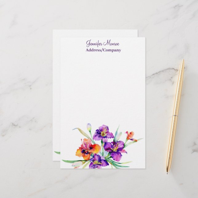 Purple and red Iris personalized Stationery (Front/Back In Situ)