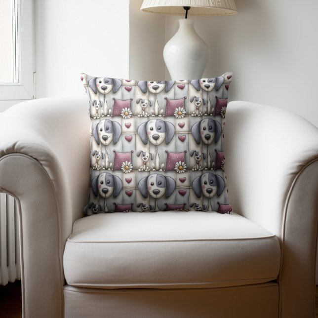 Purple and Red Patchwork Dog Pattern Throw Pillow (Creator Uploaded)
