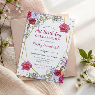 Purple and Red Summer Flowers Gold Frame Birthday Invitation